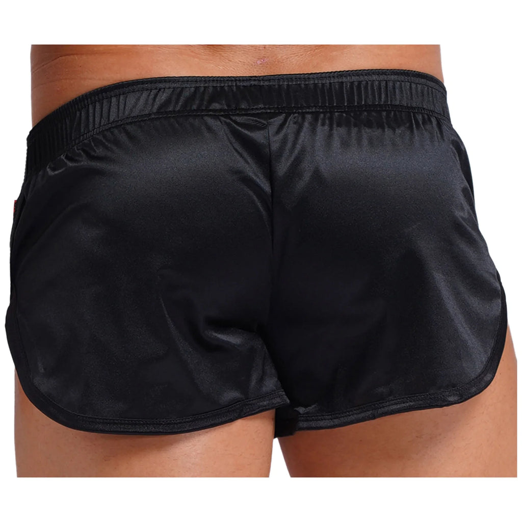 Men Side Split Satin Micro Shorts Built-in Bulge Pouch Boxer Brief Elastic Waistband Pajama Bottoms Loungewear Home Wear Trunks