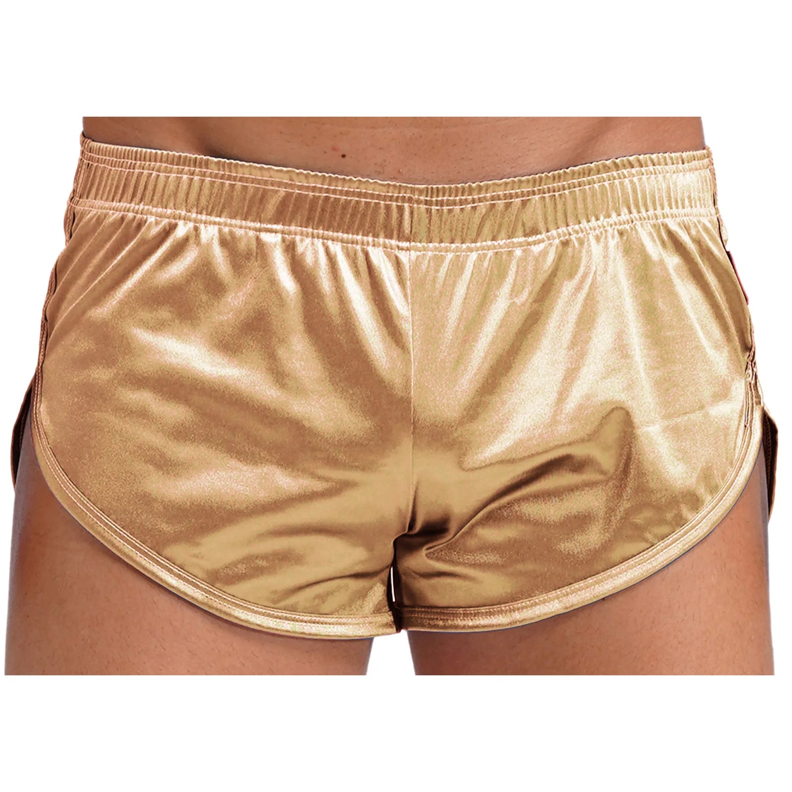 Men Side Split Satin Micro Shorts Built-in Bulge Pouch Boxer Brief Elastic Waistband Pajama Bottoms Loungewear Home Wear Trunks