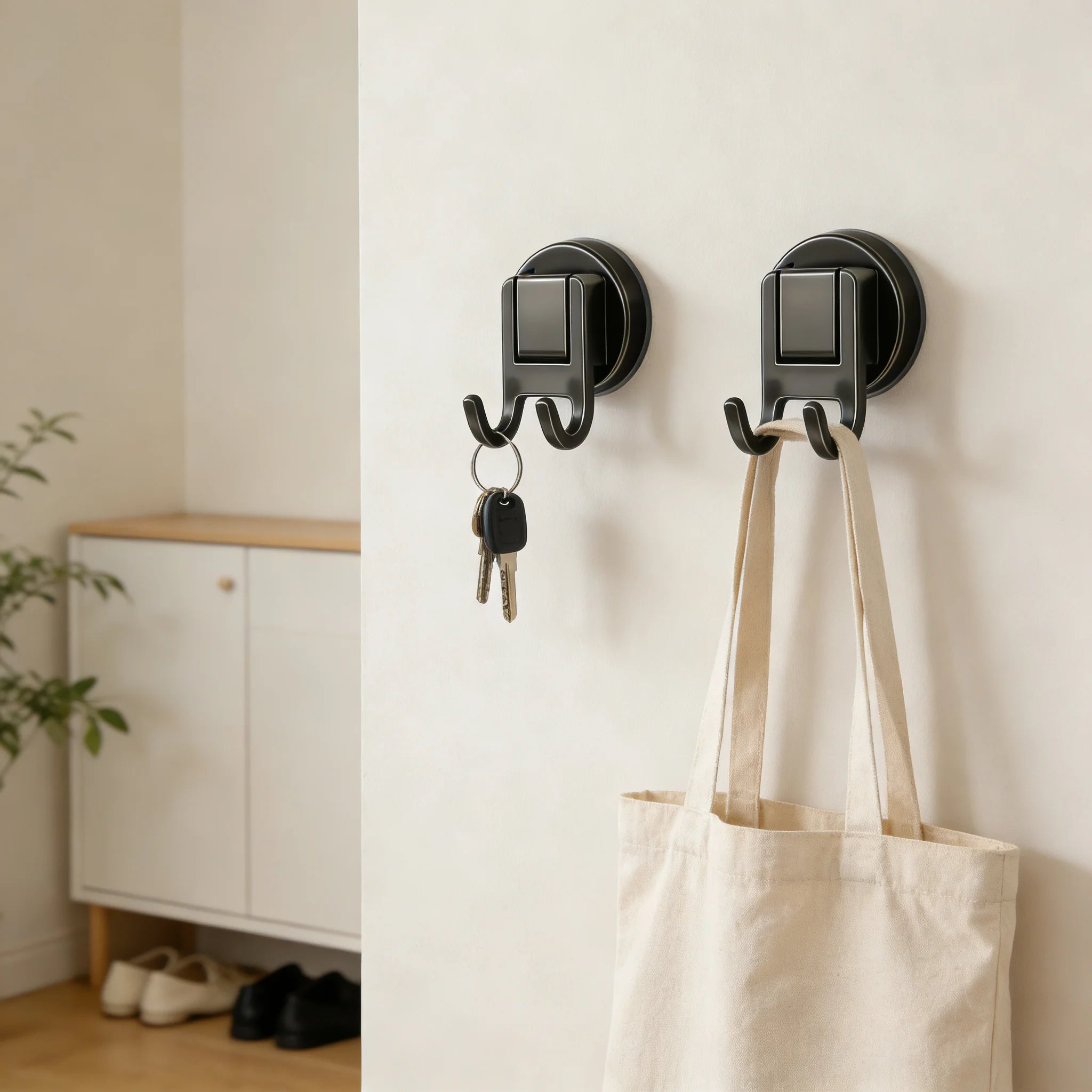 Suction Cup Double Hooks Carbon Steel No Drill Wall Hooks for Bathroom Kitchen Entryway Organizer for Home Office