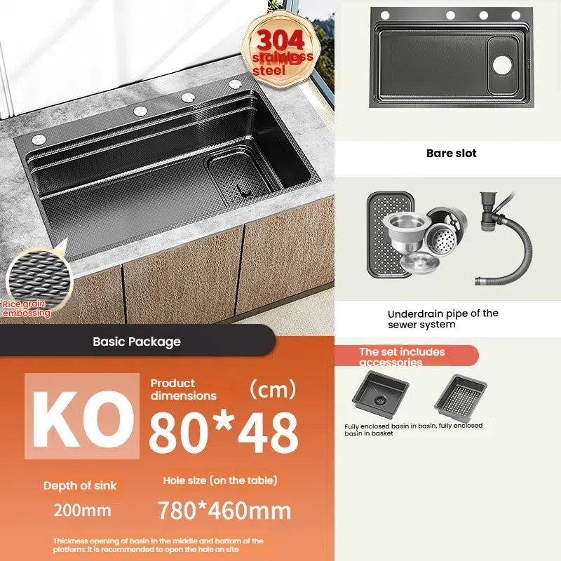 Household 304 Stainless Steel Kitchen Sink Rice Granule Embossing Antifouling Antiscratch Large Single Slot Dish Wash Basin