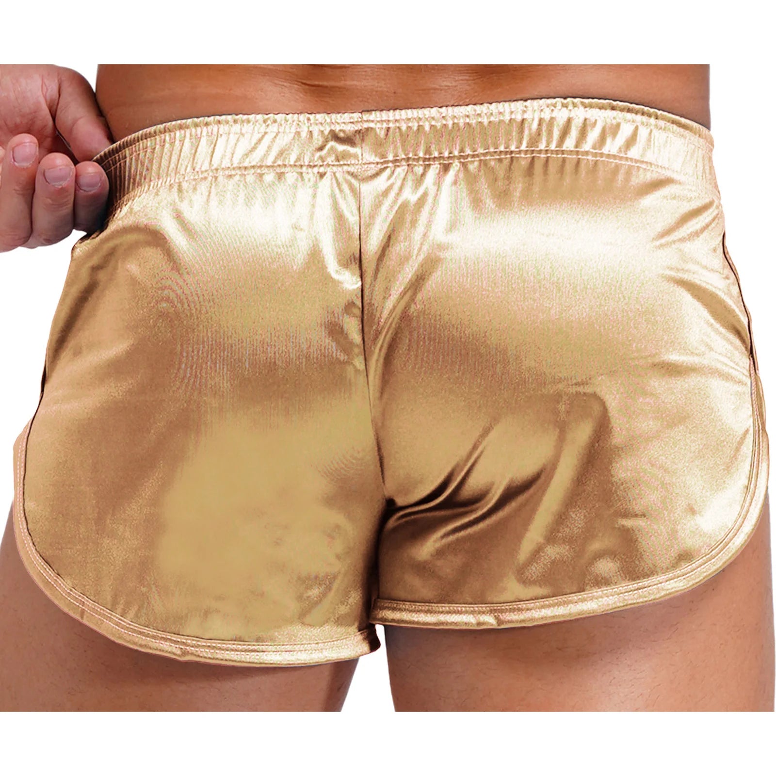 Men Side Split Satin Micro Shorts Built-in Bulge Pouch Boxer Brief Elastic Waistband Pajama Bottoms Loungewear Home Wear Trunks