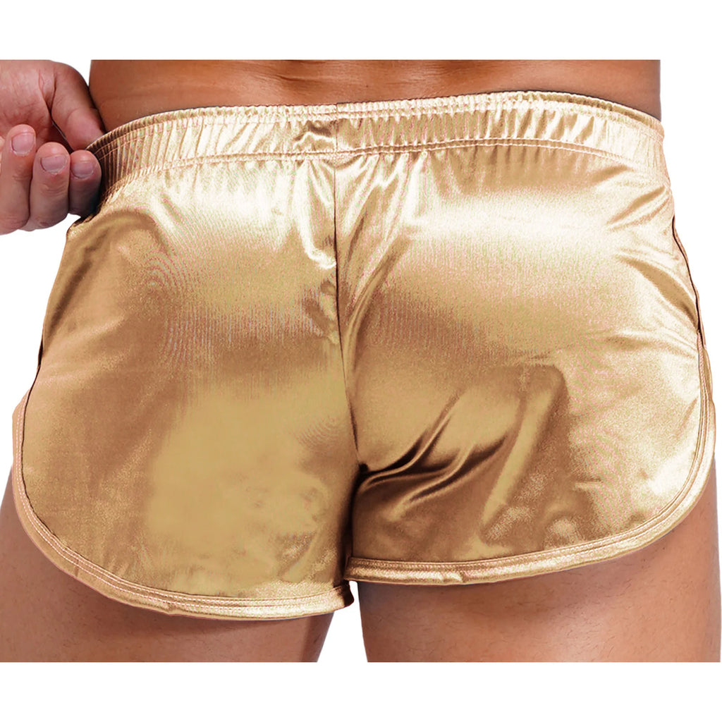 Men Side Split Satin Micro Shorts Built-in Bulge Pouch Boxer Brief Elastic Waistband Pajama Bottoms Loungewear Home Wear Trunks