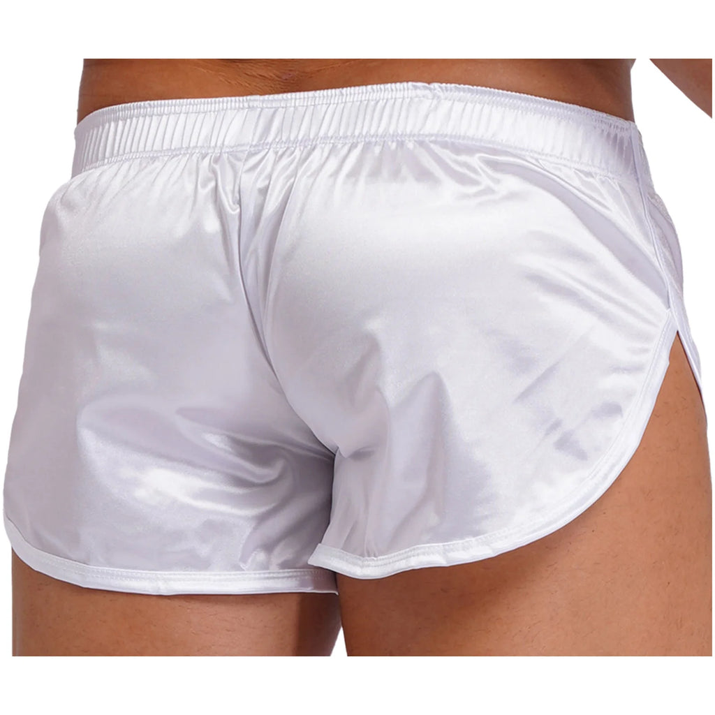 Men Side Split Satin Micro Shorts Built-in Bulge Pouch Boxer Brief Elastic Waistband Pajama Bottoms Loungewear Home Wear Trunks