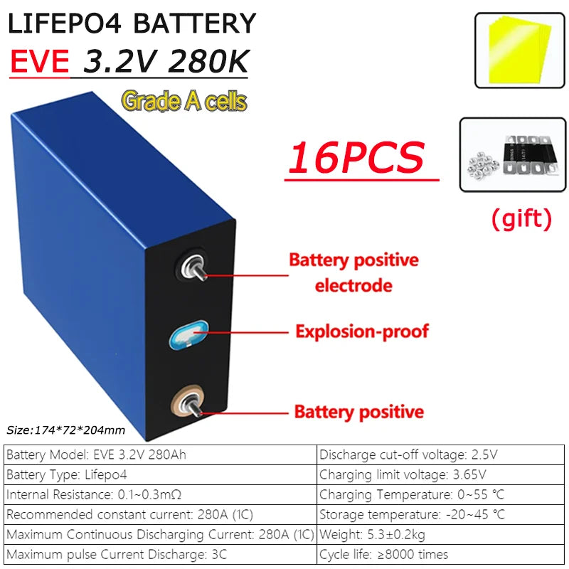 3.2V 105AH 230AH 250AH 280AH 304K 314AH 680AH EVE LifePO4 Battery Grade A Rechargeable DIY 12V 24V 48V for RV EV Home Energy