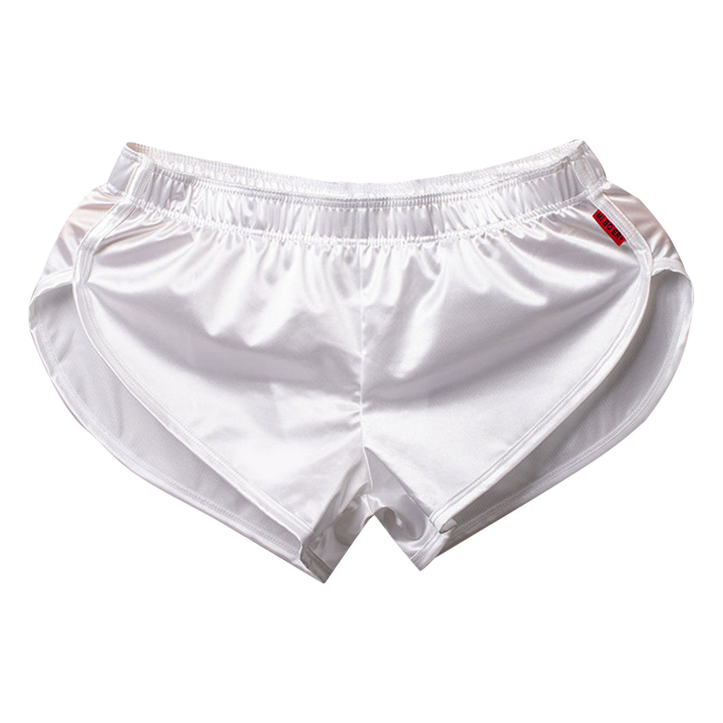 Men Side Split Satin Micro Shorts Built-in Bulge Pouch Boxer Brief Elastic Waistband Pajama Bottoms Loungewear Home Wear Trunks