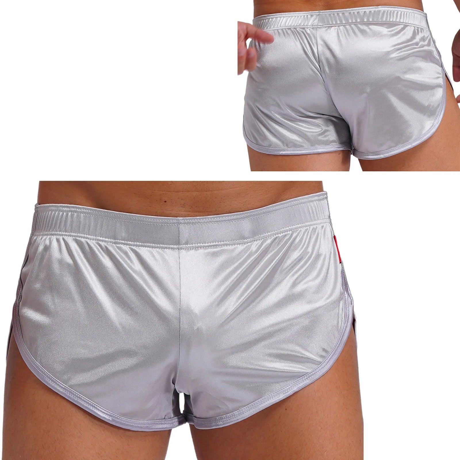 Men Side Split Satin Micro Shorts Built-in Bulge Pouch Boxer Brief Elastic Waistband Pajama Bottoms Loungewear Home Wear Trunks