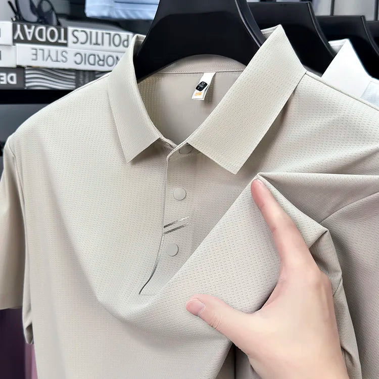 Men's Seamless Tech Polo Shirt - 4-Hole Button, 180g UV Sun Protection, 7A Antibacterial Business Leisure High-End Tops