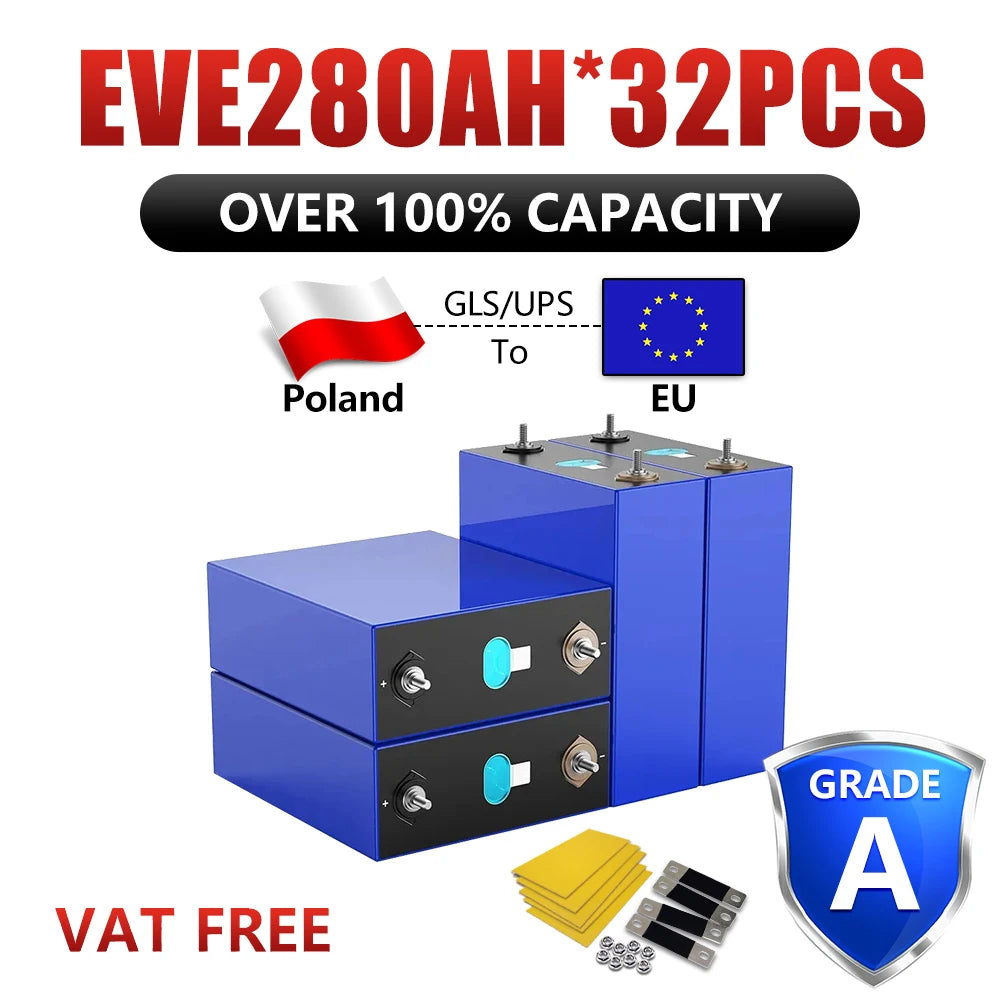 EU Hot Sale 280AH 304AH 314AH LiFePO4 Battery Grade A Rechargeable Cell Solar Home Storage EV Marine Boat Caravan EU VAT FREE