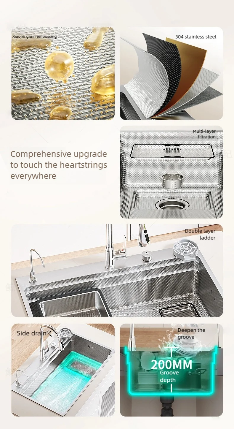 Household 304 Stainless Steel Kitchen Sink Rice Granule Embossing Antifouling Antiscratch Large Single Slot Dish Wash Basin