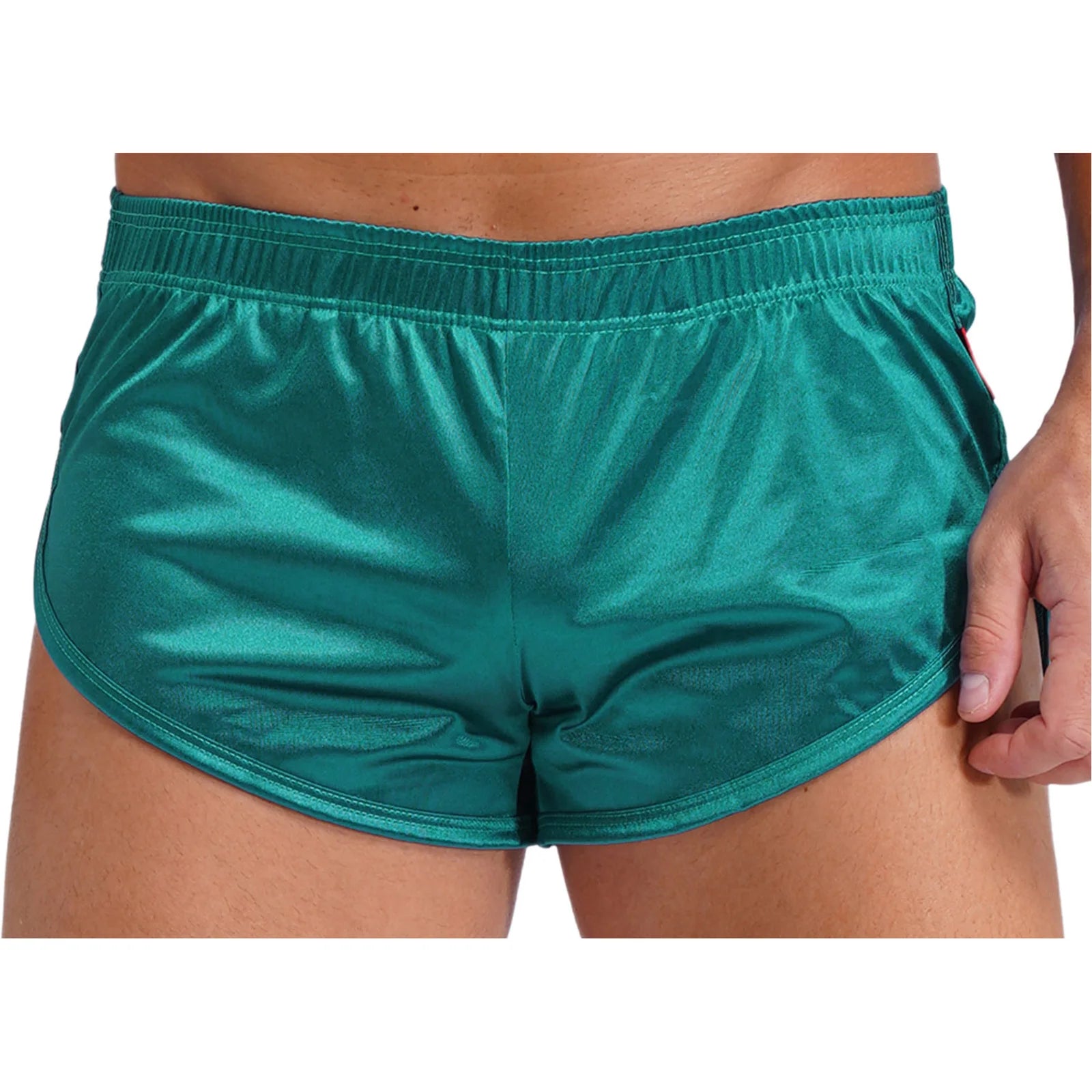 Men Side Split Satin Micro Shorts Built-in Bulge Pouch Boxer Brief Elastic Waistband Pajama Bottoms Loungewear Home Wear Trunks