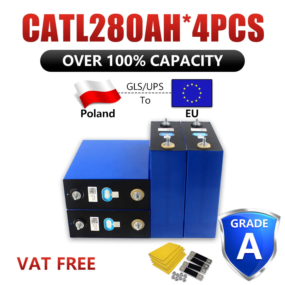 EU Hot Sale 280AH 304AH 314AH LiFePO4 Battery Grade A Rechargeable Cell Solar Home Storage EV Marine Boat Caravan EU VAT FREE