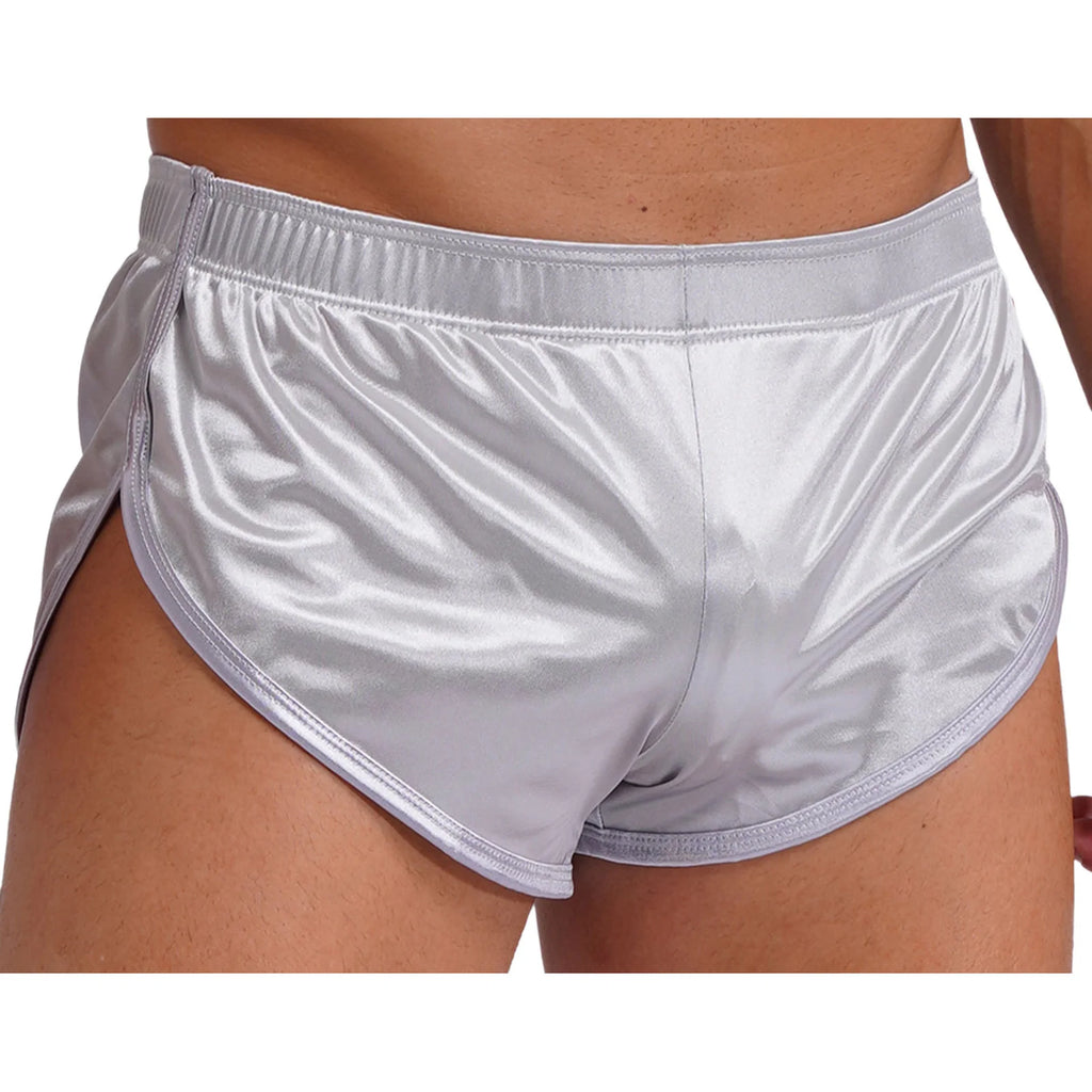 Men Side Split Satin Micro Shorts Built-in Bulge Pouch Boxer Brief Elastic Waistband Pajama Bottoms Loungewear Home Wear Trunks