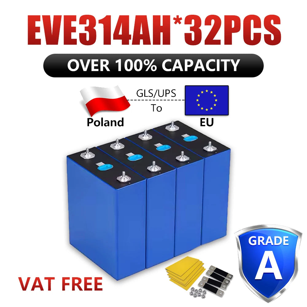 EU Hot Sale 280AH 304AH 314AH LiFePO4 Battery Grade A Rechargeable Cell Solar Home Storage EV Marine Boat Caravan EU VAT FREE