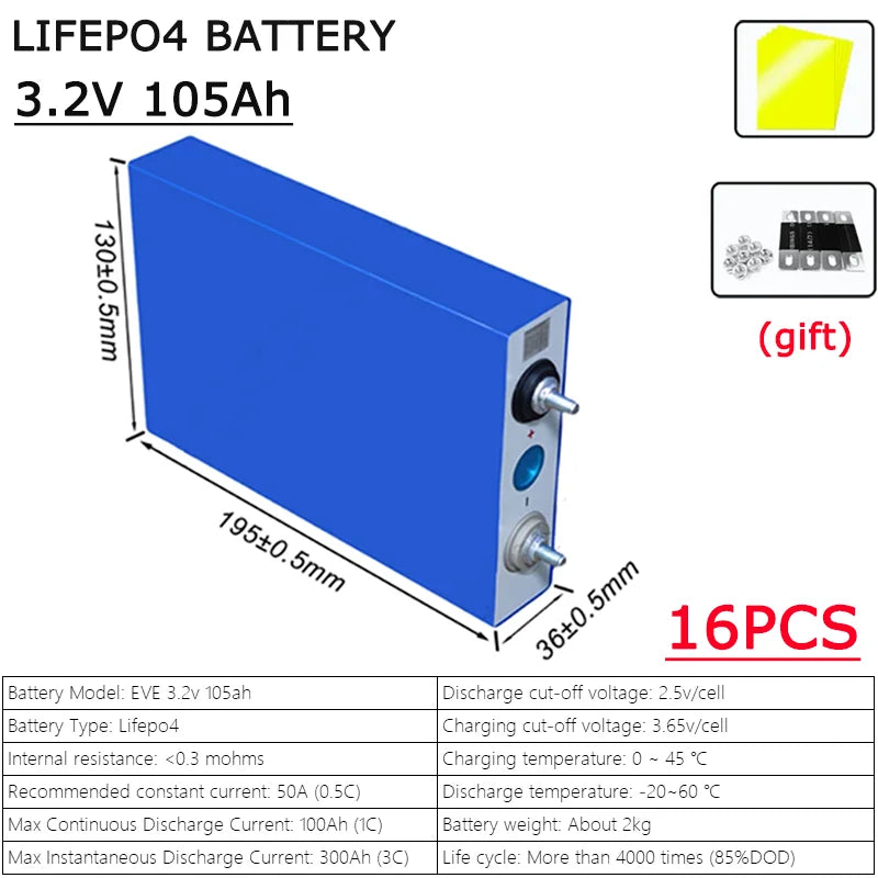 3.2V 105AH 230AH 250AH 280AH 304K 314AH 680AH EVE LifePO4 Battery Grade A Rechargeable DIY 12V 24V 48V for RV EV Home Energy