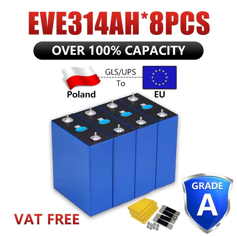 EU Hot Sale 280AH 304AH 314AH LiFePO4 Battery Grade A Rechargeable Cell Solar Home Storage EV Marine Boat Caravan EU VAT FREE