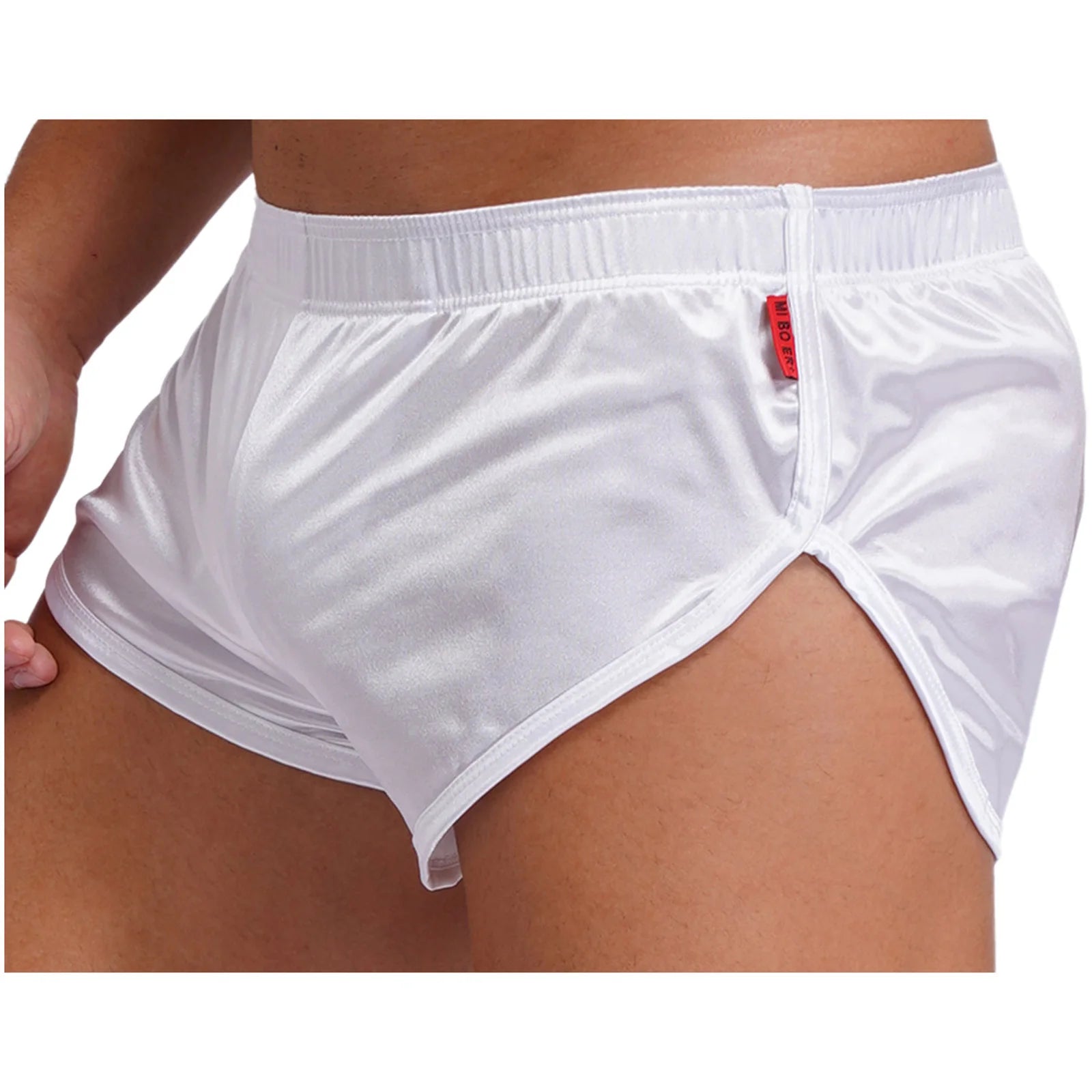 Men Side Split Satin Micro Shorts Built-in Bulge Pouch Boxer Brief Elastic Waistband Pajama Bottoms Loungewear Home Wear Trunks