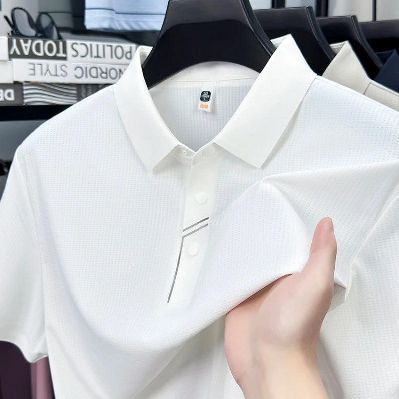 Men's Seamless Tech Polo Shirt - 4-Hole Button, 180g UV Sun Protection, 7A Antibacterial Business Leisure High-End Tops