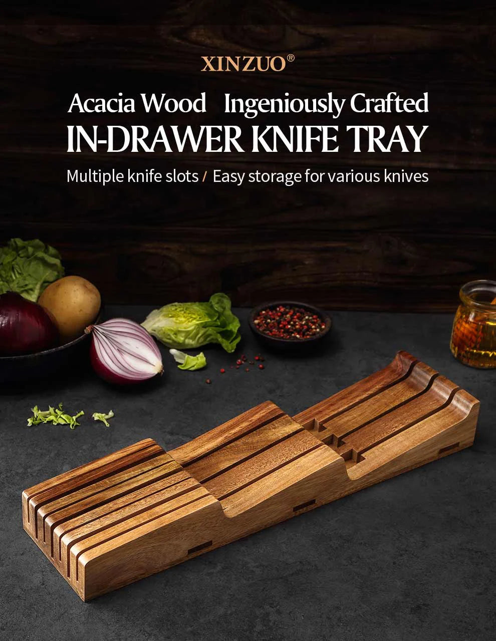XINZUO New Arrival Acacia Solid Wood Double Layer Storage Kitchen Knife Holder 7 Slots  Organise Knives Neatly Kitchen Goodies
