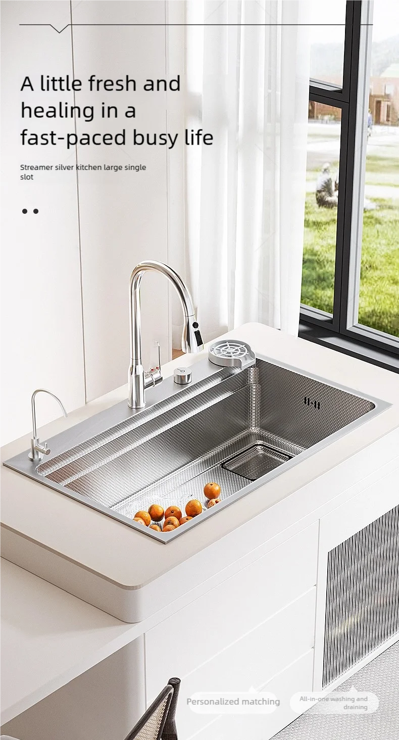 Household 304 Stainless Steel Kitchen Sink Rice Granule Embossing Antifouling Antiscratch Large Single Slot Dish Wash Basin