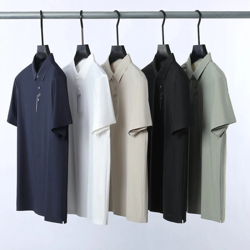 Men's Seamless Tech Polo Shirt - 4-Hole Button, 180g UV Sun Protection, 7A Antibacterial Business Leisure High-End Tops