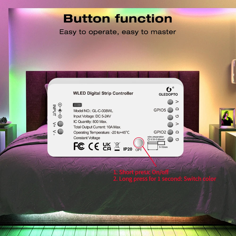 GLEDOPTO WLED Addressable RGB IC LED Strip Controller Smart App Control 800 ICs Home Tech LED Multi Dream Lighting Colorful ESP