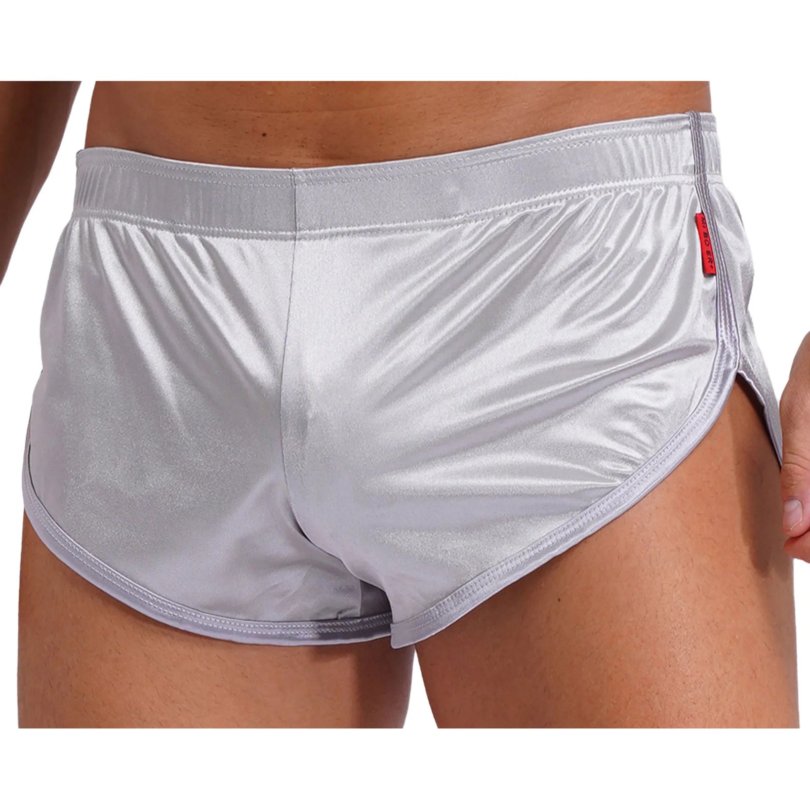Men Side Split Satin Micro Shorts Built-in Bulge Pouch Boxer Brief Elastic Waistband Pajama Bottoms Loungewear Home Wear Trunks