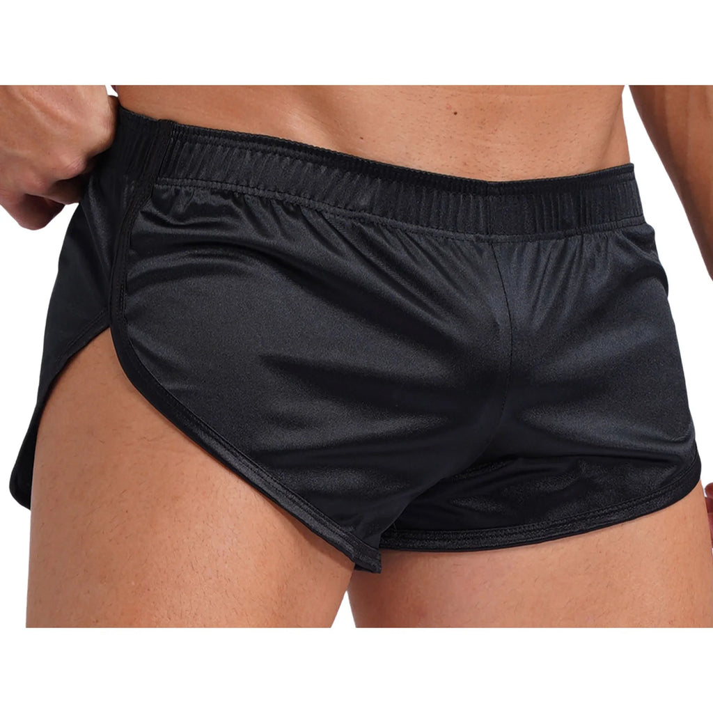 Men Side Split Satin Micro Shorts Built-in Bulge Pouch Boxer Brief Elastic Waistband Pajama Bottoms Loungewear Home Wear Trunks