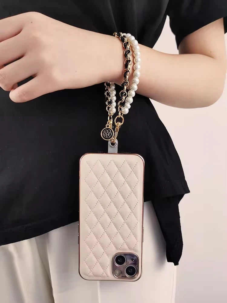 Camellia Pearl Mobile Phone Charm lanyard Chain Girl Woman Cell Phone Case Fashion Pendant Key Strap Rope With Universal Clip