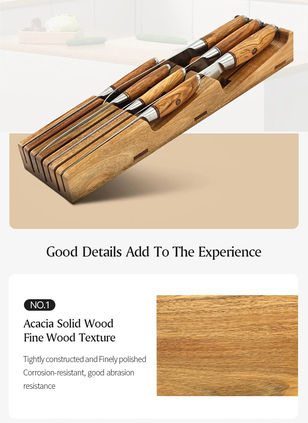 XINZUO New Arrival Acacia Solid Wood Double Layer Storage Kitchen Knife Holder 7 Slots  Organise Knives Neatly Kitchen Goodies