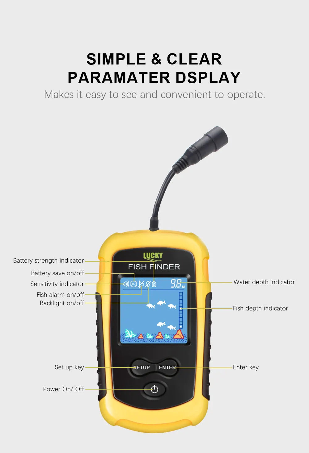 FFC1108-1 Alarm 100M Portable Sonar Fish Finders 45 degrees Sonar Coverage Echo Sounder Alarm Transducer Lake Sea Fishing