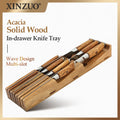 XINZUO New Arrival Acacia Solid Wood Double Layer Storage Kitchen Knife Holder 7 Slots  Organise Knives Neatly Kitchen Goodies