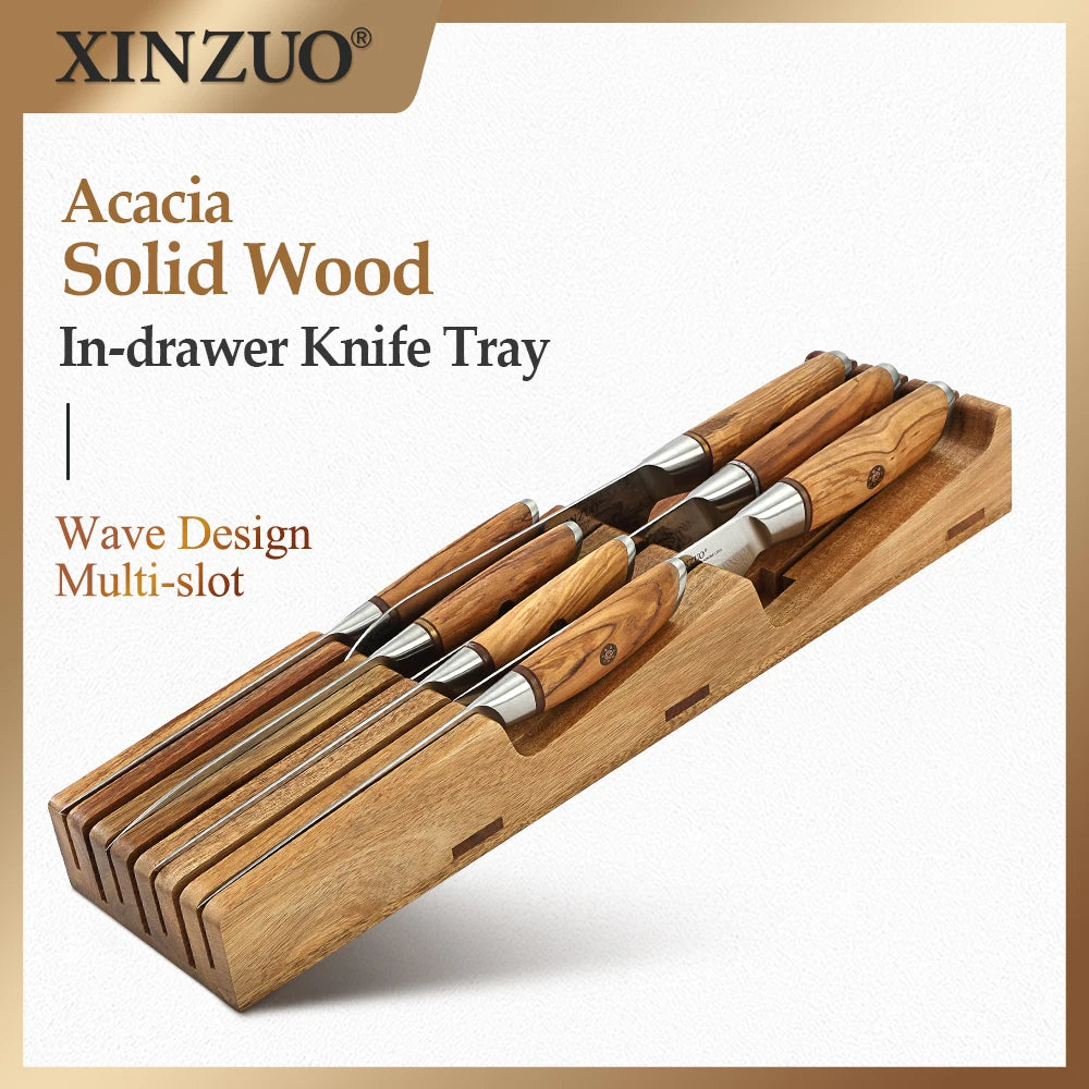 XINZUO New Arrival Acacia Solid Wood Double Layer Storage Kitchen Knife Holder 7 Slots  Organise Knives Neatly Kitchen Goodies