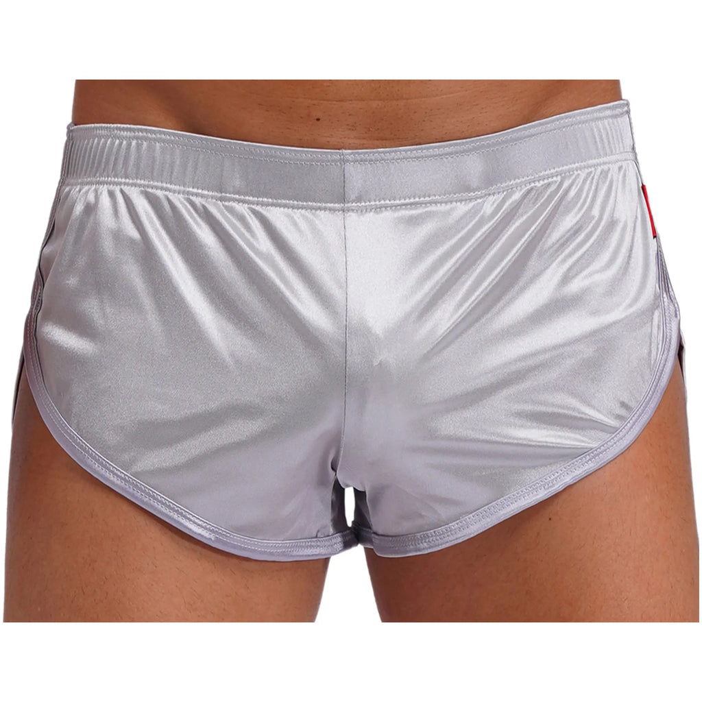 Men Side Split Satin Micro Shorts Built-in Bulge Pouch Boxer Brief Elastic Waistband Pajama Bottoms Loungewear Home Wear Trunks