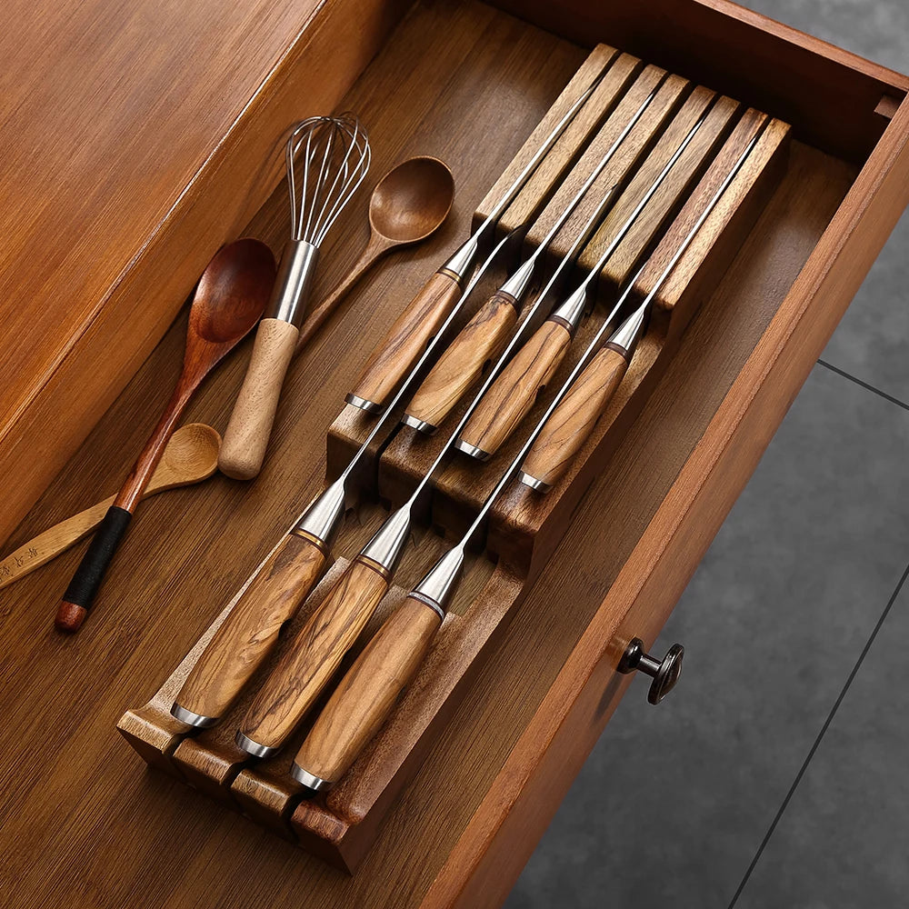 XINZUO New Arrival Acacia Solid Wood Double Layer Storage Kitchen Knife Holder 7 Slots  Organise Knives Neatly Kitchen Goodies