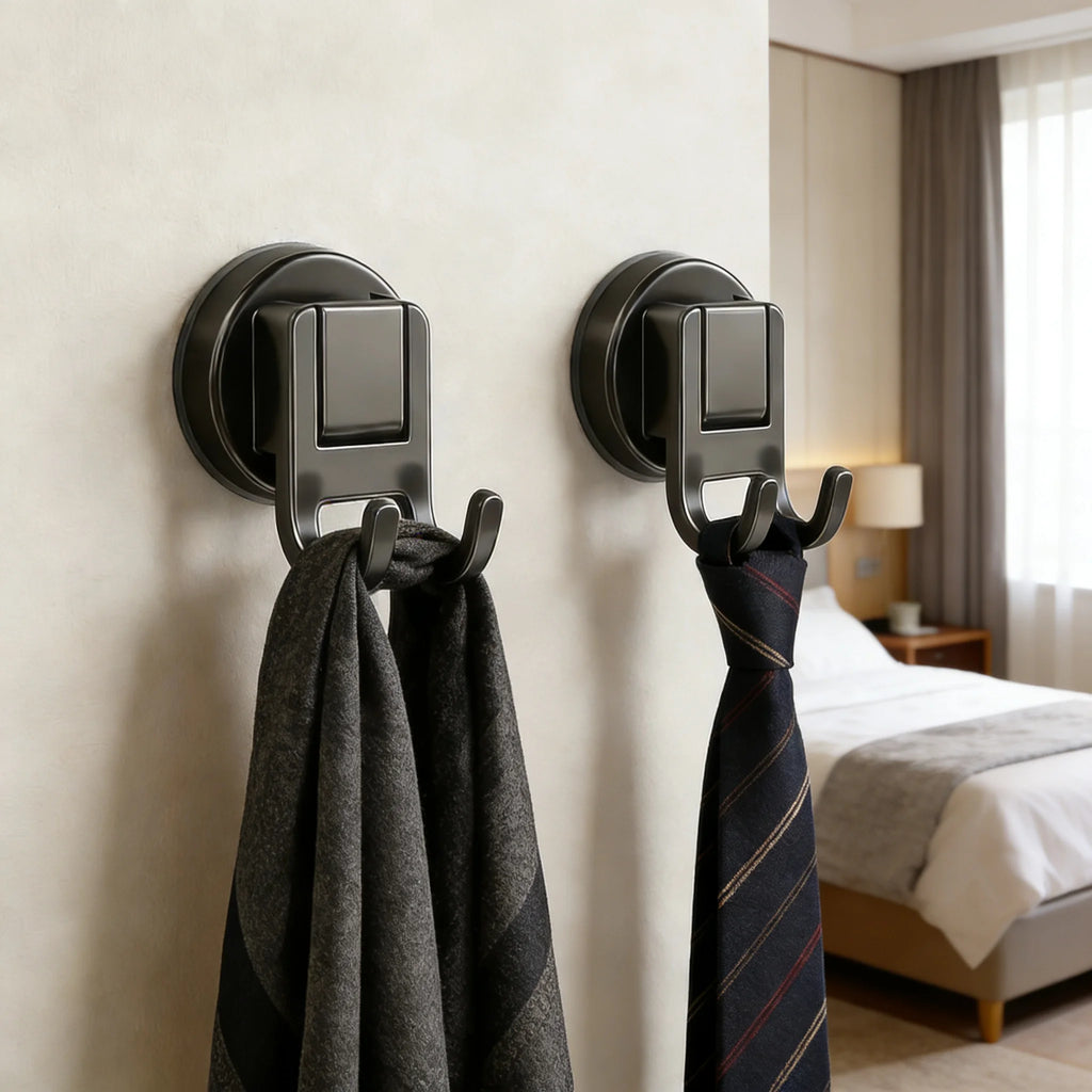 Suction Cup Double Hooks Carbon Steel No Drill Wall Hooks for Bathroom Kitchen Entryway Organizer for Home Office