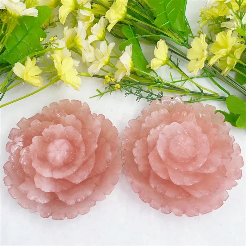 Natural Rose Quartz Flower Carving Peony Flower Energy Gem Reiki Healing Home Decoration Gift 1pcs 10CM