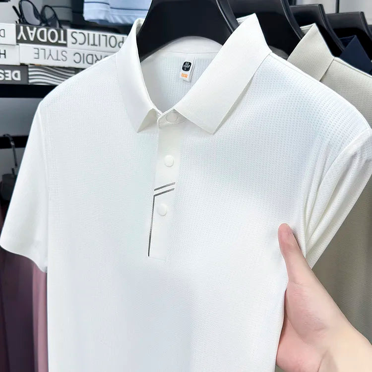 Men's Seamless Tech Polo Shirt - 4-Hole Button, 180g UV Sun Protection, 7A Antibacterial Business Leisure High-End Tops