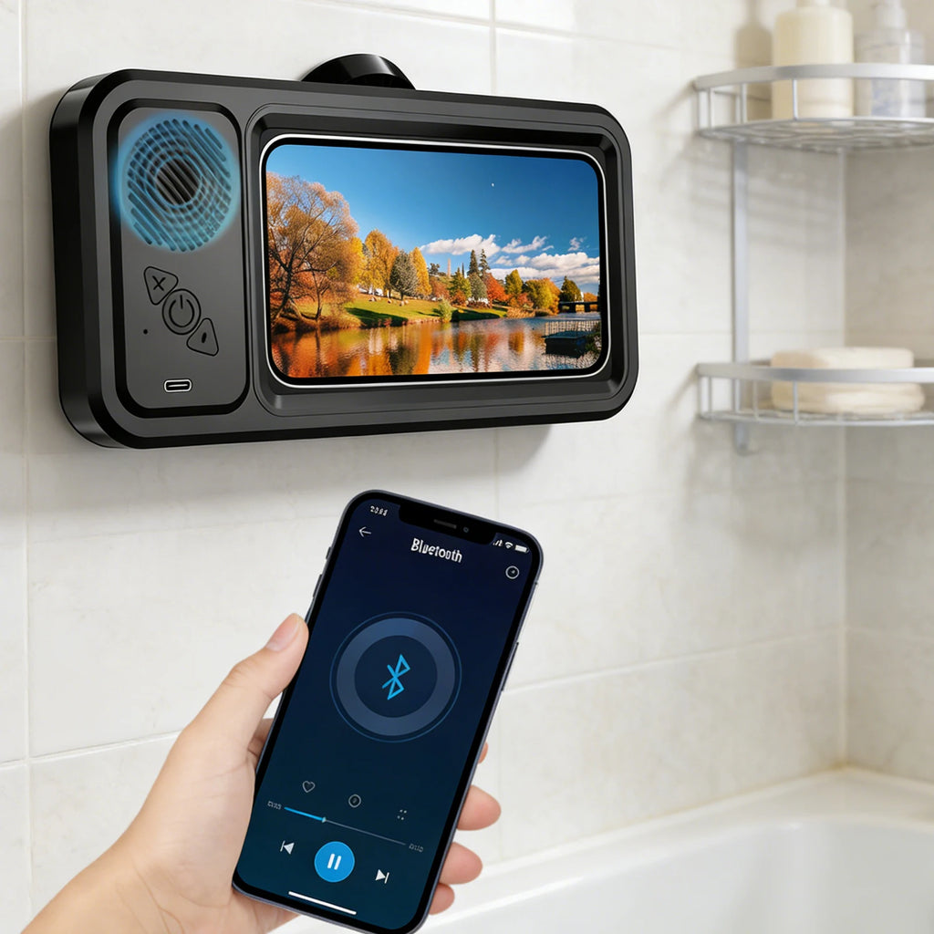 Wall Mounted Phone Holder 480° Rotation Touch Screen IPX5 Waterproof Bluetooth Speaker Shower Storage Case Mobile Phone Stand