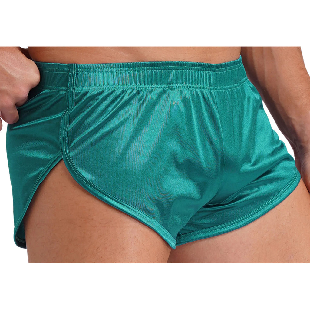 Men Side Split Satin Micro Shorts Built-in Bulge Pouch Boxer Brief Elastic Waistband Pajama Bottoms Loungewear Home Wear Trunks