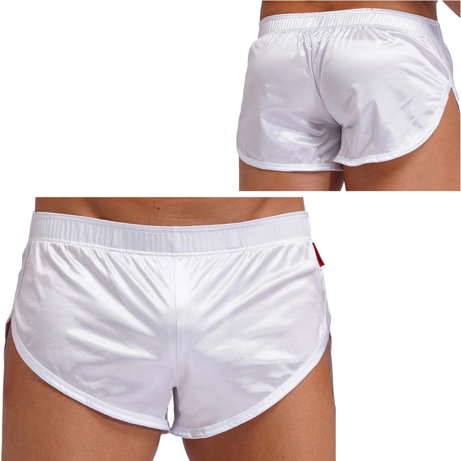 Men Side Split Satin Micro Shorts Built-in Bulge Pouch Boxer Brief Elastic Waistband Pajama Bottoms Loungewear Home Wear Trunks
