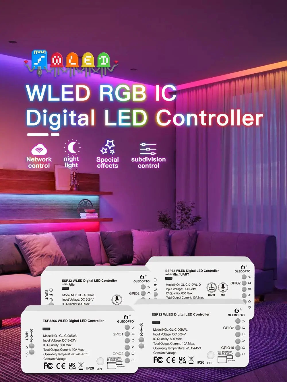 GLEDOPTO WLED Addressable RGB IC LED Strip Controller Smart App Control 800 ICs Home Tech LED Multi Dream Lighting Colorful ESP