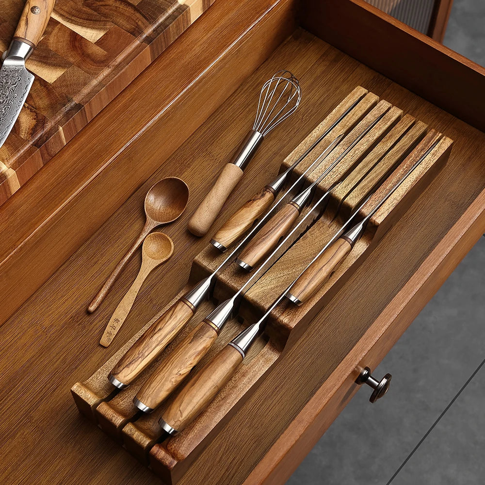 XINZUO New Arrival Acacia Solid Wood Double Layer Storage Kitchen Knife Holder 7 Slots  Organise Knives Neatly Kitchen Goodies