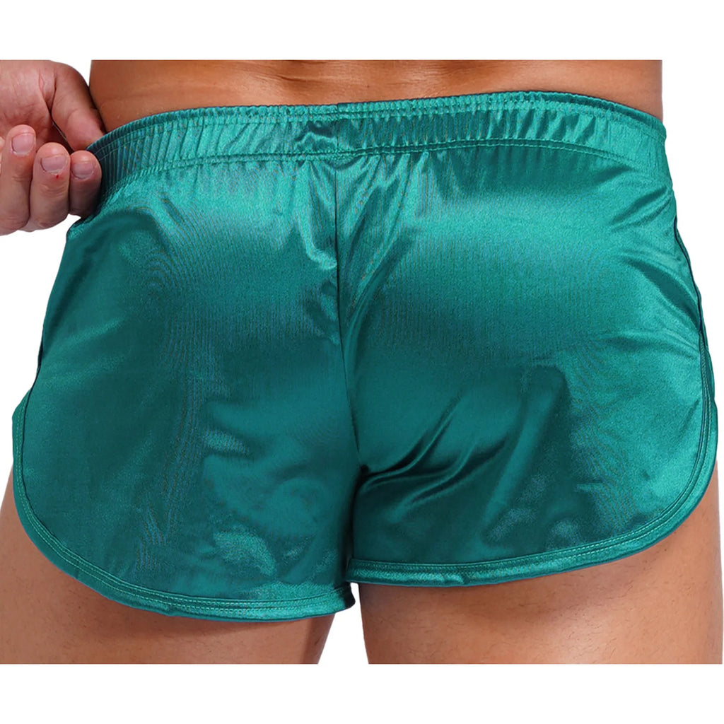 Men Side Split Satin Micro Shorts Built-in Bulge Pouch Boxer Brief Elastic Waistband Pajama Bottoms Loungewear Home Wear Trunks