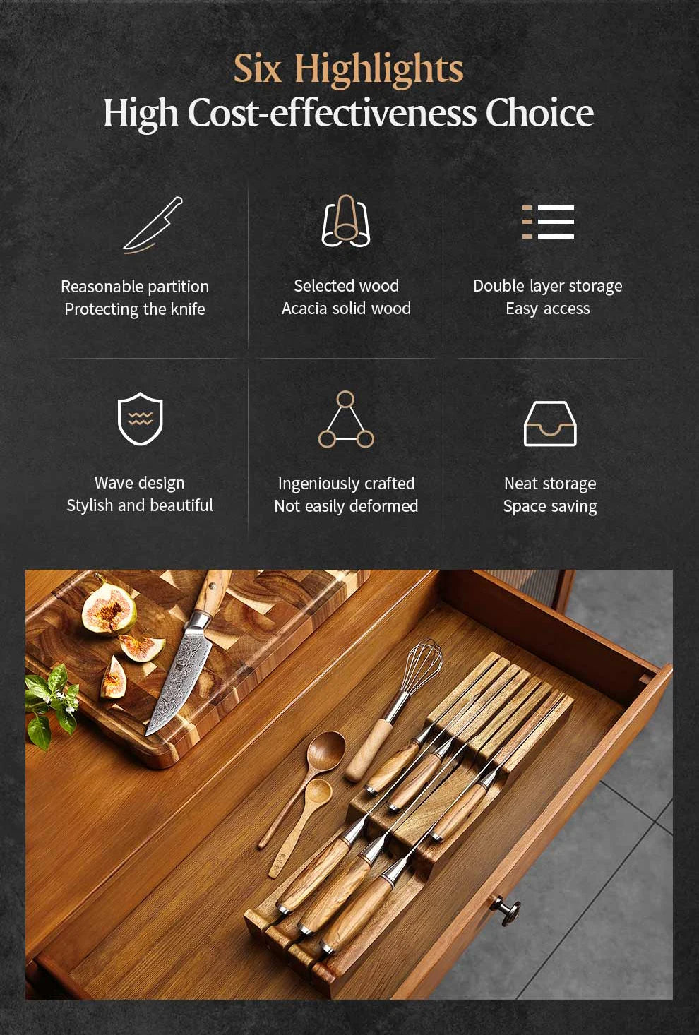 XINZUO New Arrival Acacia Solid Wood Double Layer Storage Kitchen Knife Holder 7 Slots  Organise Knives Neatly Kitchen Goodies